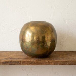 Vintage Solid Brass Ball Vase Round Spherical Planter Handmade India Patina MCM